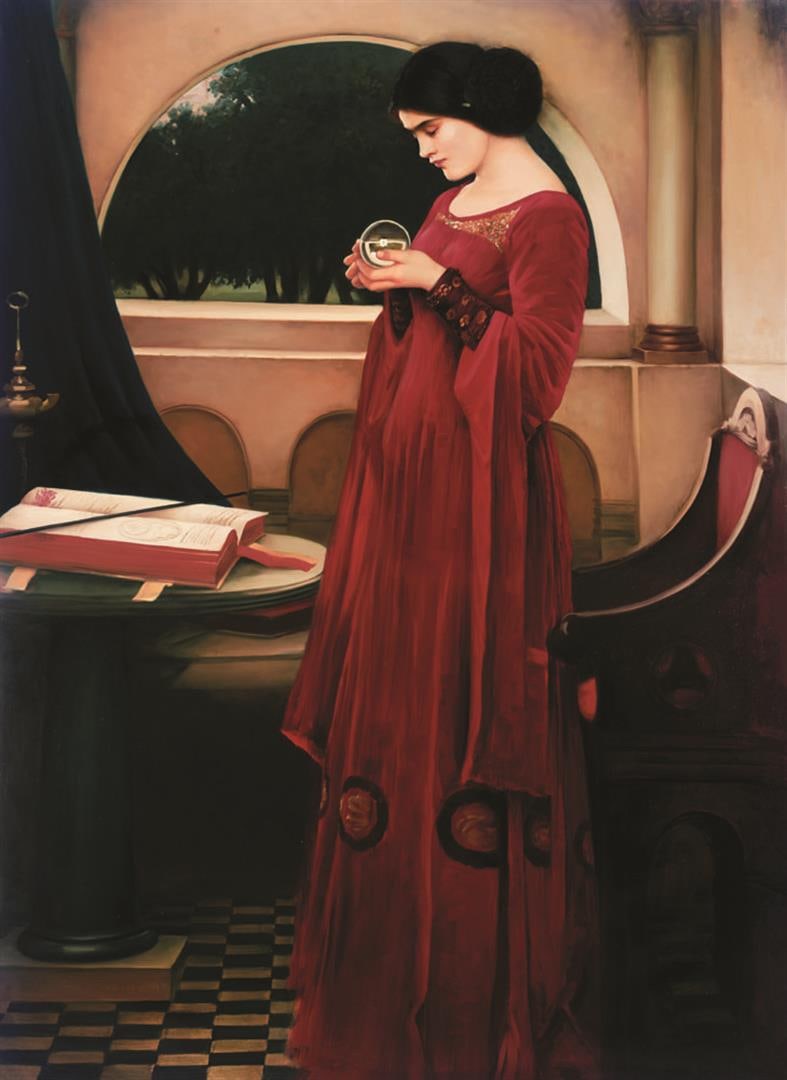 John Waterhouse - Crystal Ball: Artist: John Waterhouse - Title: Crystal Ball - Medium: Fine Art Giclee on Canvas - Image Size: Approximately 40 inches x 29 inches - Unframed on Unstretched Canvas - John William Waterhouse, byname N