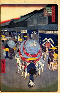 Hiroshige - View of Nihonbash: Artist: Utagawa Hiroshige - Title: View of Nihonbashi - Medium: Fine Art Giclee on Canvas - Image Size: Approximately 32 inches x 21 inches - Unframed on Unstretched Canvas - Biography: (1797 - 12 Oct