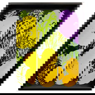 Flowers - Lime/Orange by Warhol (1928-1987): "Flowers - Lime/Orange" is a limited edition skateboard triptych by Warhol (1928-1987) numbered and bearing the plate signature of the artist inverso. This triptych comes custom framed. Includes Lette