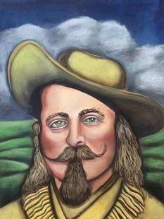 Wild Bill Hickock by Anonymous: A pastel & watercolor portrait of the Wild West hero & showman Wild Bill Hickock 4x18" on deckled fine art paper, by Anonymous