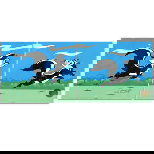 Le Pursuit by Chuck Jones (1912-2002): Own this amazing 2 part piece based on the original line image hand drawn and hand-inked on paper by Mr. Jones! "Le Pursuit" is an animation cel diptych with hand painted coloring on sericel outline f