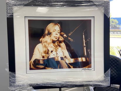 Joni Mitchell in Honolulu 1972 by Robert M Knight: FRAMED sepia-tone photo of the great Joni Mitchell, taken & signed by famed rock photographer Robert Knight. Frame is