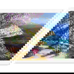 Amalfi Patio by Park S. Sam: "Amalfi Patio" is a limited edition printers proof serigraph on paper by Sam Park numbered and hand signed by the artist. Includes Letter of Authenticity. Measures approx. 34.5" x 44" (border) 30" x 4