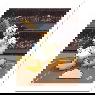Donald at the Plate by Disney: "Donald at the Plate (Yankees)" is a limited edition giclee on paper licensed by Disney featuring Donald Duck in New York Yankees MLB uniform. It comes numbered and with a Certificate of Authenticity!