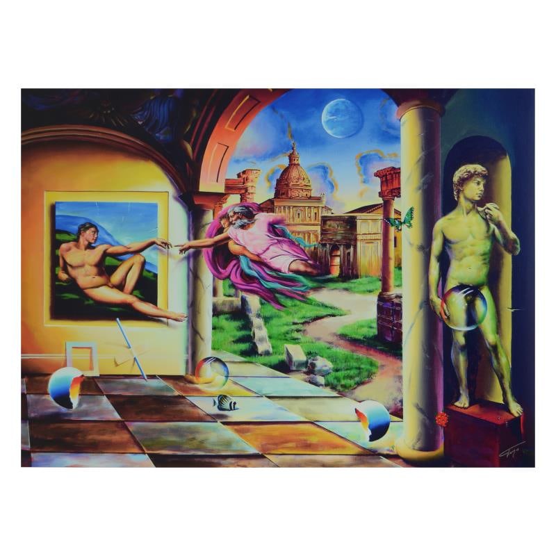 Creation of a Man by Ferjo: "Creation of a Man" is a limited edition giclee on canvas bearing Ferjos authorized signature. Includes Letter of Authenticity. Measures approx. 36" x 27" (image). This item requires special handling