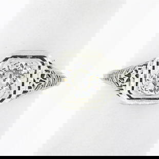 Antique Art Deco 18k Gold European Diamond Solitaire w/ Filigree Engagement Ring: An antique solid 18k white gold ring, with 1 old european cut natural diamond (H/I - SI1 ; 0.80ct). The ring is size 6.0, weighs a total of 2.11 grams, and measures 8.80mm wide.