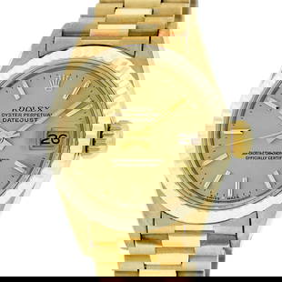Rolex Ladies 18K Yellow Gold Champagne Index Datejust President Wristwatch: One Ladies Pre Owned Rolex 18K Yellow Gold President Polished, Serviced & Electronically Tested, Rolex 18K Yellow Gold Case: 26mm, Rolex 18K Yellow Gold Crown, Rolex Bezel: 18K Yellow Gold Fluted Beze