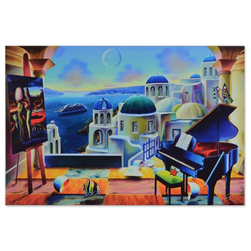 Santorini at Dusk by Ferjo,: "Santorini at Dusk" is a limited edition giclee on canvas, numbered and bearing Ferjo's authorized signature. This piece comes gallery wrapped. Includes Letter of Authenticity. Measures approx. 24" x