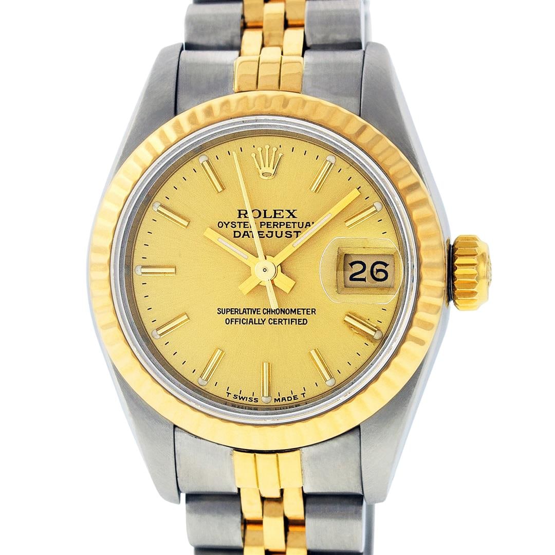 Rolex Ladies 2T Yellow Gold & Stainless Steel Champagne Index Wristwatch 26MM: One Ladies Pre Owned Two Tone 14K Yellow Gold & Stainless Steel Rolex Polished, Serviced & Electronically Tested, Yellow Gold & Stainless Steel Case: 26mm, Yellow Gold Crown, Rolex Bezel: 14K Yellow G
