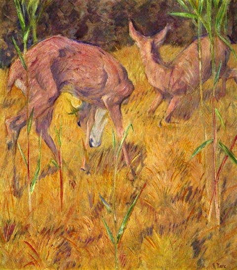 Franz Marc - Deer in the Reed: Artist: Franz Marc - Title: Deer in the Reed - Medium: Fine Art Reproduction Giclee on Canvas - Image Size: Approximately 20 inches x 17.5 inches - Unframed on Unstretched Canvas - Biography: Franz Mo
