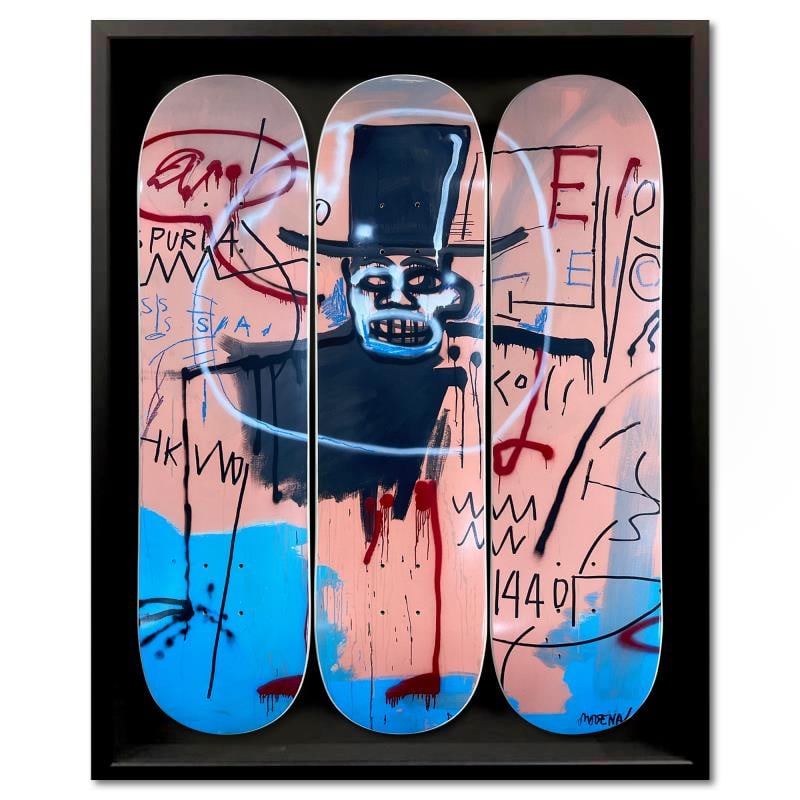 The Guilt of Gold Teeth, 1982 by Basquiat (1960-1988): "The Guilt of Gold Teeth, 1982" is a skateboard triptych by Jean-Michel Basquiat (1960-1988), bearing the plate signature of the artist inverso. This triptych comes custom framed. Includes Letter of A