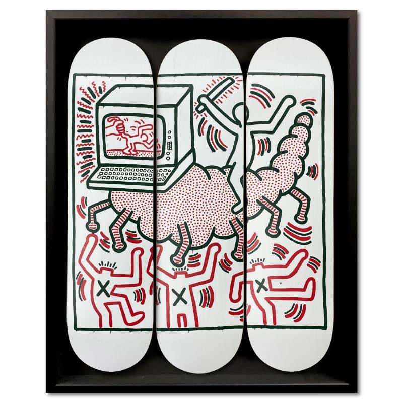 Centipede by Keith Haring (1958-1990): "Centipede" is a skateboard triptych by Keith Haring (1958-1990), bearing the plate signature of the artist inverso. This triptych comes custom framed. Includes Letter of Authenticity. Measures approx