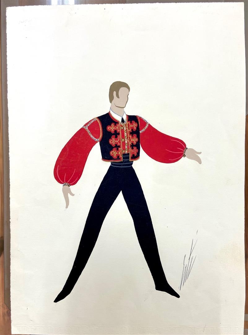 Red / Black Costume by ERTE: Composition Original gouache on paper and hand-signed by ERTE. 14.5x10.50. Stamped paper