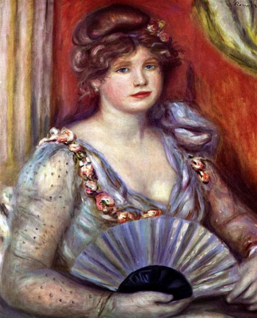 Renoir - Lady With Fan: Artist: Pierre-Auguste Renoir 1841-1919 - Title: Lady with Fan - Medium: Fine Art Reproduction Giclee on Canvas - Image Size: Approximately 20 inches x 16 inches - Unframed on Unstretched Canvas - Bio