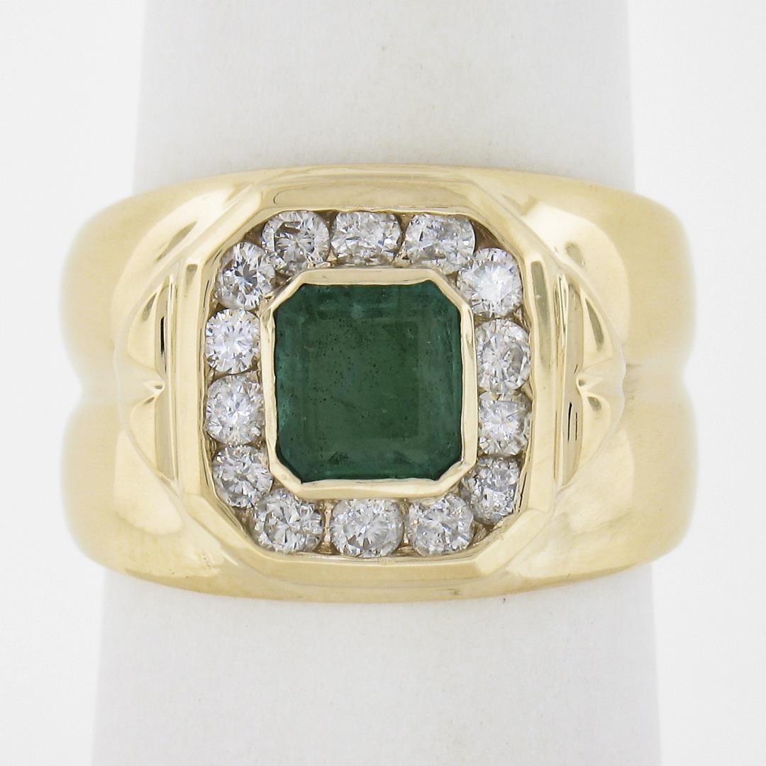 Estate 14k Yellow Gold 1.56 ctw Green Emerald & Channel Set Diamond Wide Band Ri: A solid 14k yellow gold wide band ring, with 1 emerald cut natural emerald (1.0ct), and 14 round cut natural diamonds ( G/H - I1/I2 ; 0.56ctw. The ring is size 6.75, weighs a total of 8.29 grams, and 