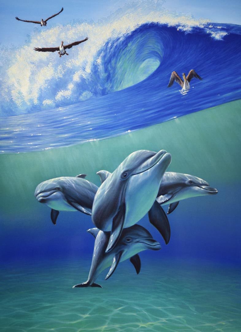 UNDER THE WAVES by Charles Lynn Bragg: UNDER THE WAVES. Offset lithograph & serigraph. A paper limited edition, hand embellished by Charles Lynn Bragg. Pelicans above & Dolphins below, ride waves of air & water of a big California wave.