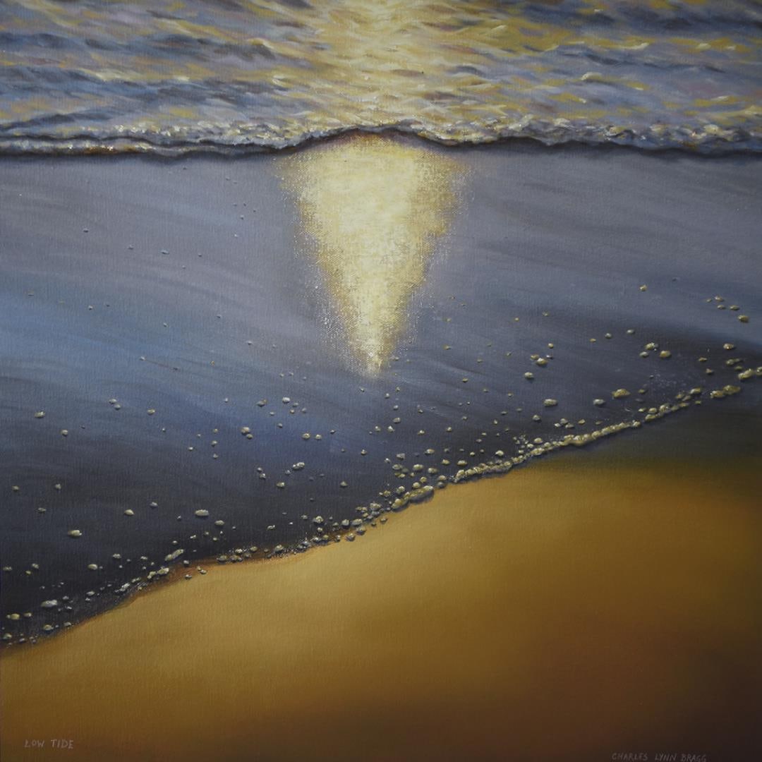 LOW TIDE by Charles Lynn Bragg: LOW TIDE.Giclee on paper, embellished with glitter by Charles Lynn Bragg. Damp Sand and Sea Foam sparkle briefly as the tide pulls the Ocean away from the shore.
