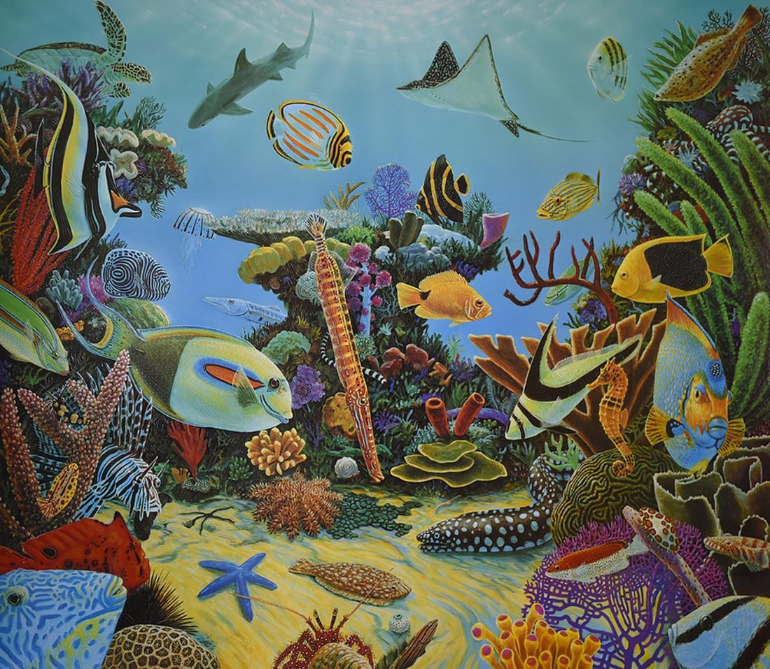 RESCUE THE REEF by Charles Lynn Bragg: RESCUE THE REEF. Offset lithograph & serigraph, limited edition on paper by Charles Lynn Bragg. An arrangement of Indo-Pacific marine life on the left and Atlantic Life on the right their habitats. Re