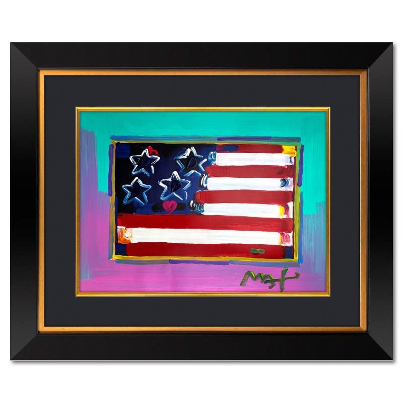 Flag by Peter Max: "Flag" is a one-of-a-kind mixed media on paper, hand signed by Peter Max. The piece comes custom framed with a backside cutout to display Peter Max Studio registration number 197474 certifying authent