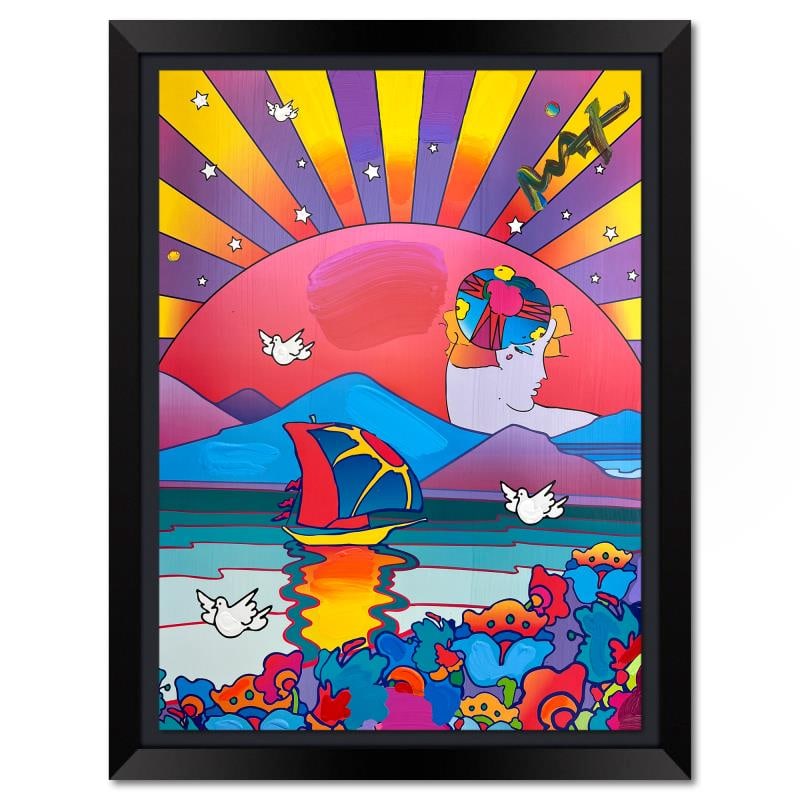 A New Beginning by Peter Max: "A New Beginning" is a one-of-a-kind mixed media on paper, hand signed by Peter Max. The piece comes custom framed with a backside cutout to display Peter Max Studio registration number 284799 certify