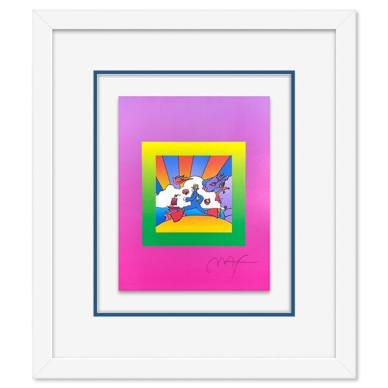 Cosmic Runner on Blends by Peter Max: "Cosmic Runner on Blends" is a limited edition lithograph on paper by Peter Max, numbered and hand signed by the artist. This piece comes framed. Includes Certificate of Authenticity from Peter Max St