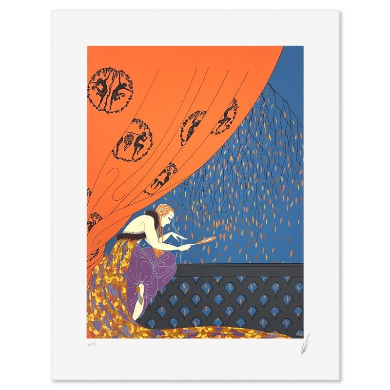 Fall by Erte (1892-1990): "Fall" is a limited edition serigraph on paper by Erte (1892-1990), AP numbered 7/60 and hand signed by the artist. Includes Letter of Authenticity. Measures approx. 30.5" x 24" (border), 24" x 18" (i