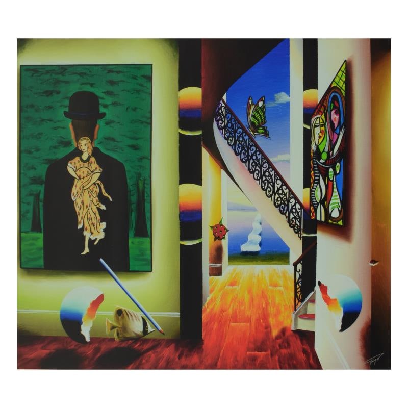 Magritte of Beauty with Picasso by Ferjo,: "Magritte of Beauty with Picasso" is a limited edition giclee on canvas, bearing Ferjo's authorized signature. Includes Letter of Authenticity. Measures approx. 36" x 30" (image). This item requires s