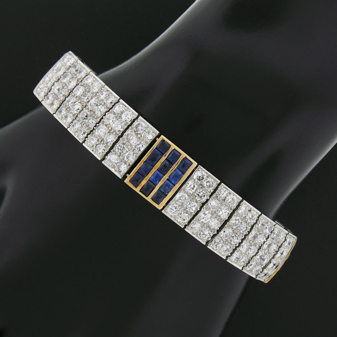 Antique French 18K Gold Plat 17.85 ctw Diamond & Sapphire Wide Statement Bracele: A french antique solid 18k yellow gold and .900 platinum wide bracelet. with 192 old european and old single cut natural diamonds (G/H - VS1/VS2 Clarity w/ A Few SI1 ; 12.85ctw), with 48 square step c