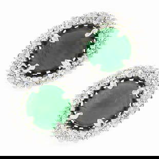 NEW 18k White Gold 1.72 ctw Round Cabochon Emerald w/ Diamond Halo Stud Earrings: A new solid 18k white gold pair of stud earrings, with 2 round cabochon cut natural emeralds (1.30ctw), and a halo of 32 round brilliant cut natural diamonds (E/F - VS1/VS2 ; 0.42ctw). The earrings me