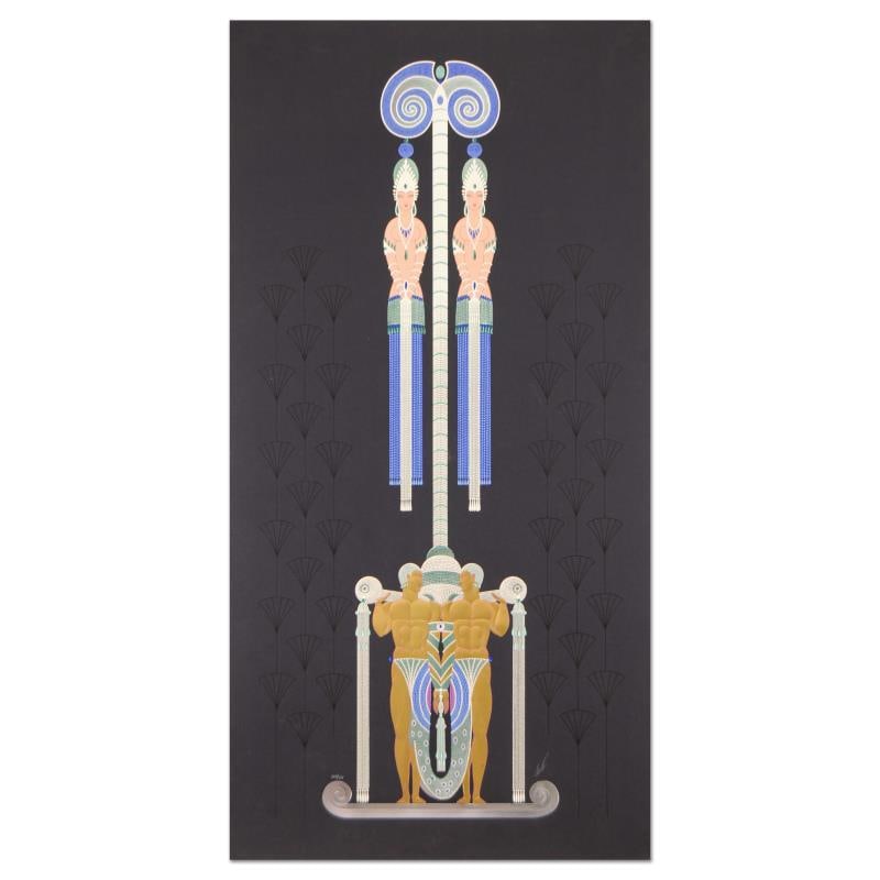 Les Pretresses by Erte (1892-1990): "Les Pretresses" is a hand signed limited edition serigraph on paper by Erte (1892-1990), numbered LXV/CCC. Includes Certificate of Authenticity. Measures approx. 30.5" x 58.5" (border), 27.5" x 53" (