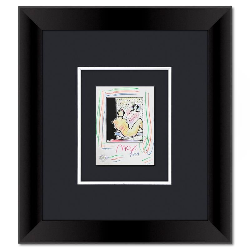 Neo Pop Series (Neo RZF883) by Peter Max: "Neo Pop Series (Neo RZF883)" is a one-of-a-kind mixed media on paper, hand signed by Peter Max. The piece comes custom framed with a backside cutout to display Peter Max Studio registration number 33