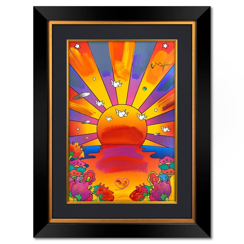 Sunrise 2000 by Peter Max: "Sunrise 2000" is a one-of-a-kind mixed media on paper, hand signed by Peter Max. The piece comes custom framed with a backside cutout to display Peter Max Studio registration number 221321 certifying