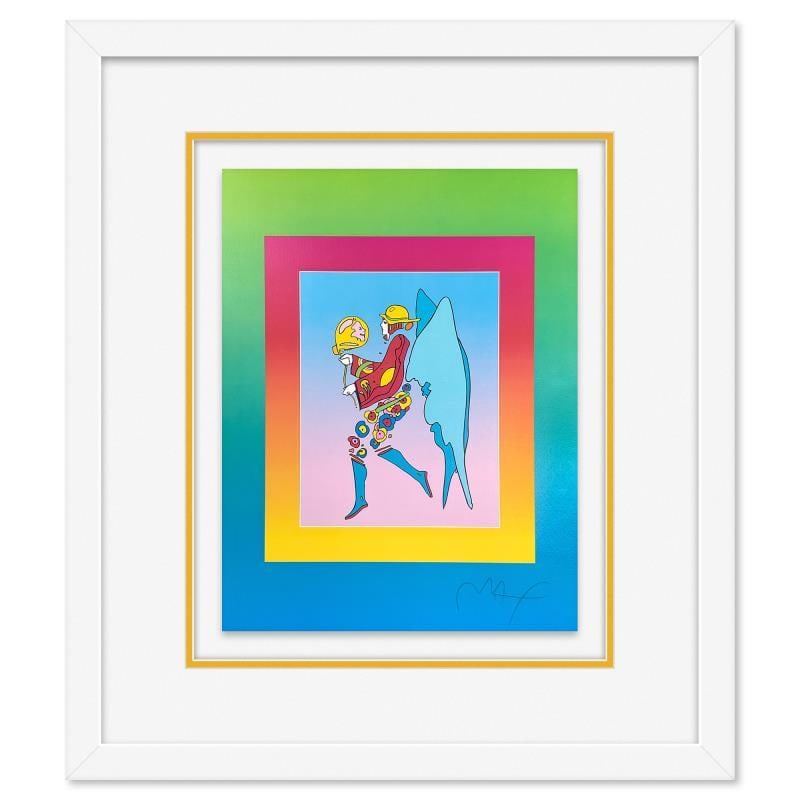 Tip Toe Floating on Blends II by Peter Max: "Tip Toe Floating on Blends II" is a limited edition lithograph on paper by Peter Max, numbered and hand signed by the artist. This piece comes framed. Includes Certificate of Authenticity from Peter