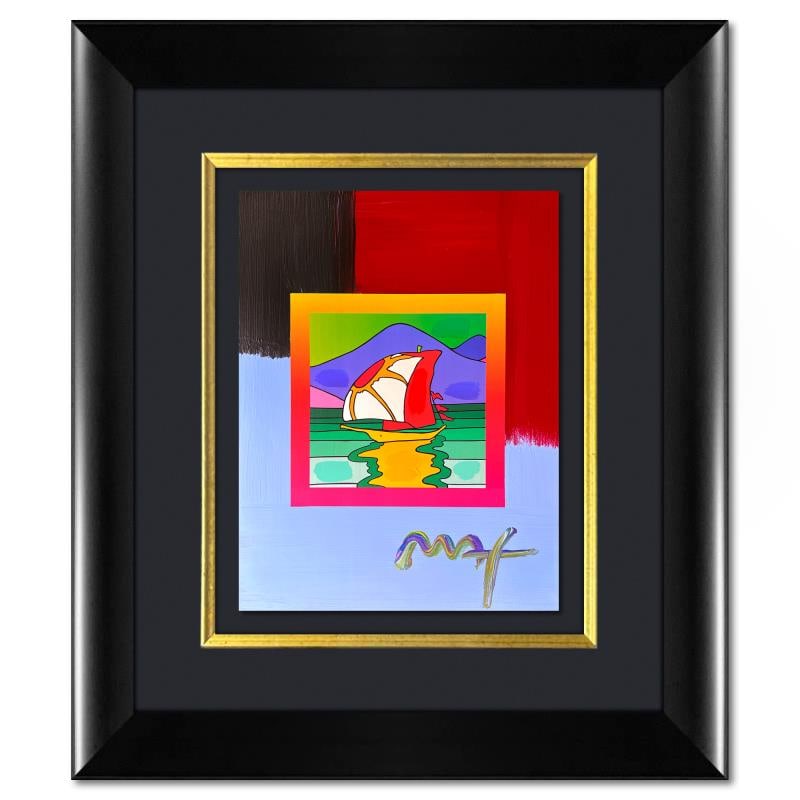 Sailboat East by Peter Max: "Sailboat East" is a hand signed one-of-a-kind acrylic mixed media on paper by Peter Max. The piece comes custom framed with a backside cutout to display Peter Max Studio registration number 258523 ce