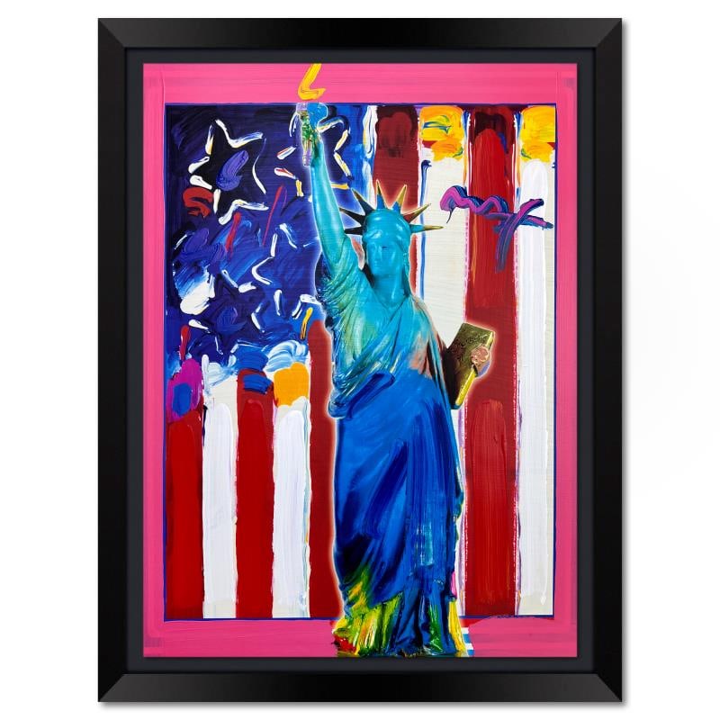 United We Stand by Peter Max: "United We Stand" is a one-of-a-kind mixed media on paper, hand signed by Peter Max. The piece comes custom framed with a backside cutout to display Peter Max Studio registration number 256094 certify