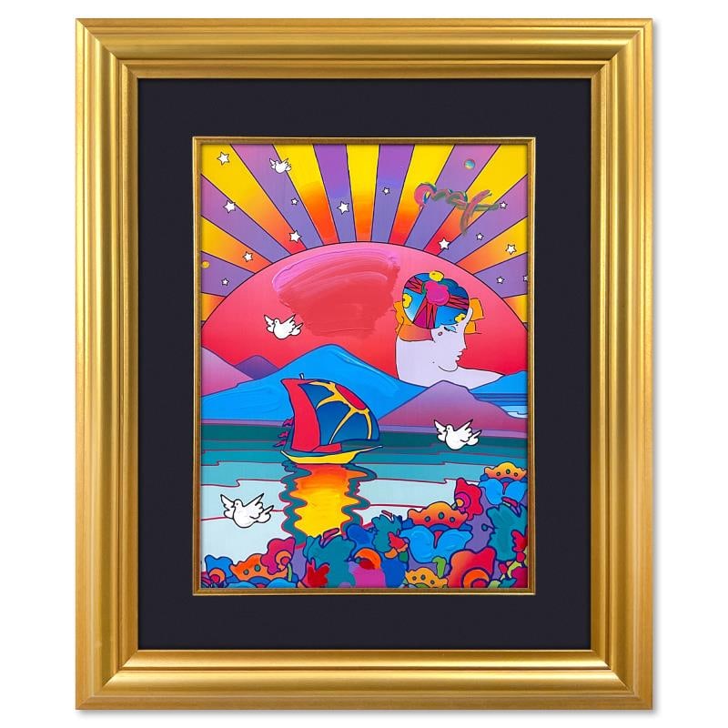 A New Beginning by Peter Max: "A New Beginning" is a one-of-a-kind acrylic mixed media on paper, hand signed by Peter Max. The piece comes custom framed with a backside cutout to display Peter Max Studio registration number 293925
