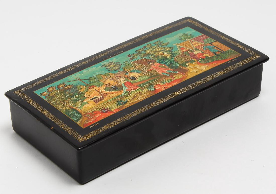 Russian Lacquered Box, Hand-Painted with Village (1 of 5)