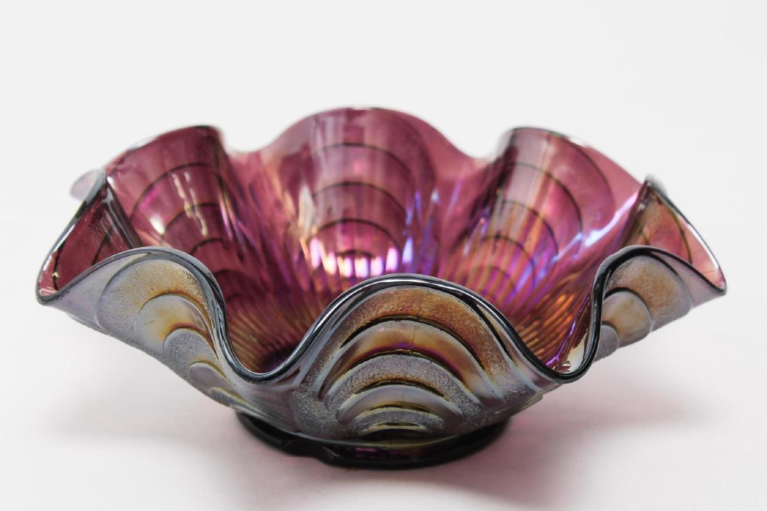 Masonic Imperial Carnival Glass Judaica Dish: Carnival glass bowl, with Judaica Star of David on the interior, the exterior with the Arcs pattern. 3" H X 8" diameter.
