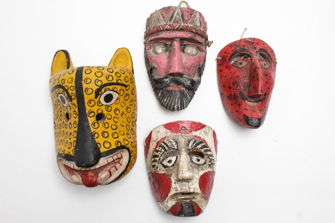 Ethnographic Folk Art Masks, 4 Carved & Painted (1 of 2)