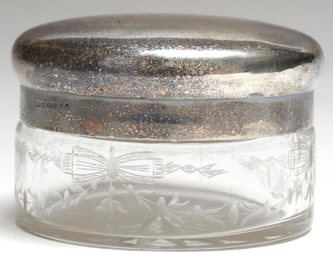German Vanity Jar, Etched Glass w. .950 Silver Lid (1 of 3)