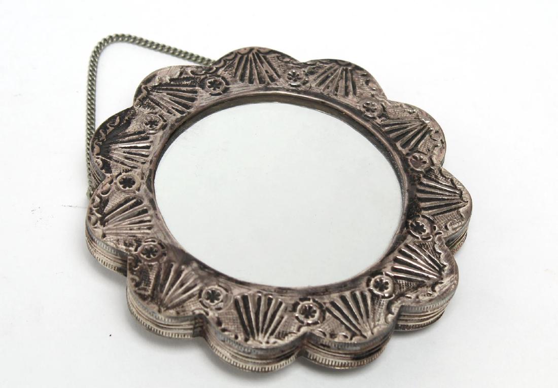 Silver Flower-Form Mirror, Repousse, .900-Purity: Silver-clad hanging mirror, flower-form, with chain. 4" diameter. Approx. total weight with mirror 5.8 ozt.