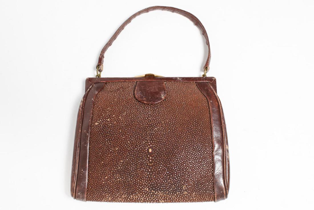 Antique Brown Shagreen Handbag, Woman's: Antique shagreen purse, trimmed with brown leather, the yellow raw silk interior with a number of compartments and a mirror. 9" H over handles X 8.75" W X 1" D. Wear to shagreen points consistent with