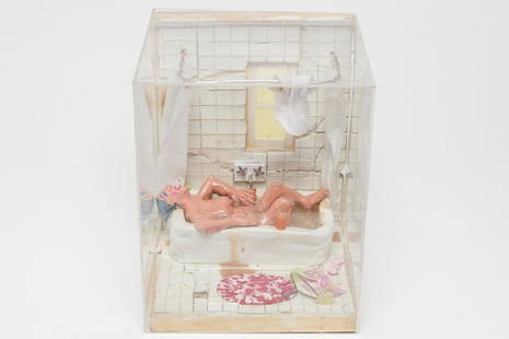 Scott Wilson (American, 20th-21st C.)- Sculpture: Scott Wilson, "Bathing Beauty," clay sculpture with wood, depicting a bathing nude elder, signed and titled on reverse. 10.75" H X 8.5" W X 8" D.