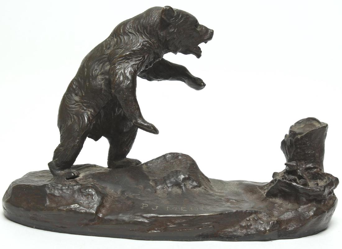 After Pierre-Jules Mene (French 1810-1879)- Bronze: "Bear," animalier sculpture depicting a grizzly on hind legs. 4" H X 6.5" W X 3" D. Scratches to underside.