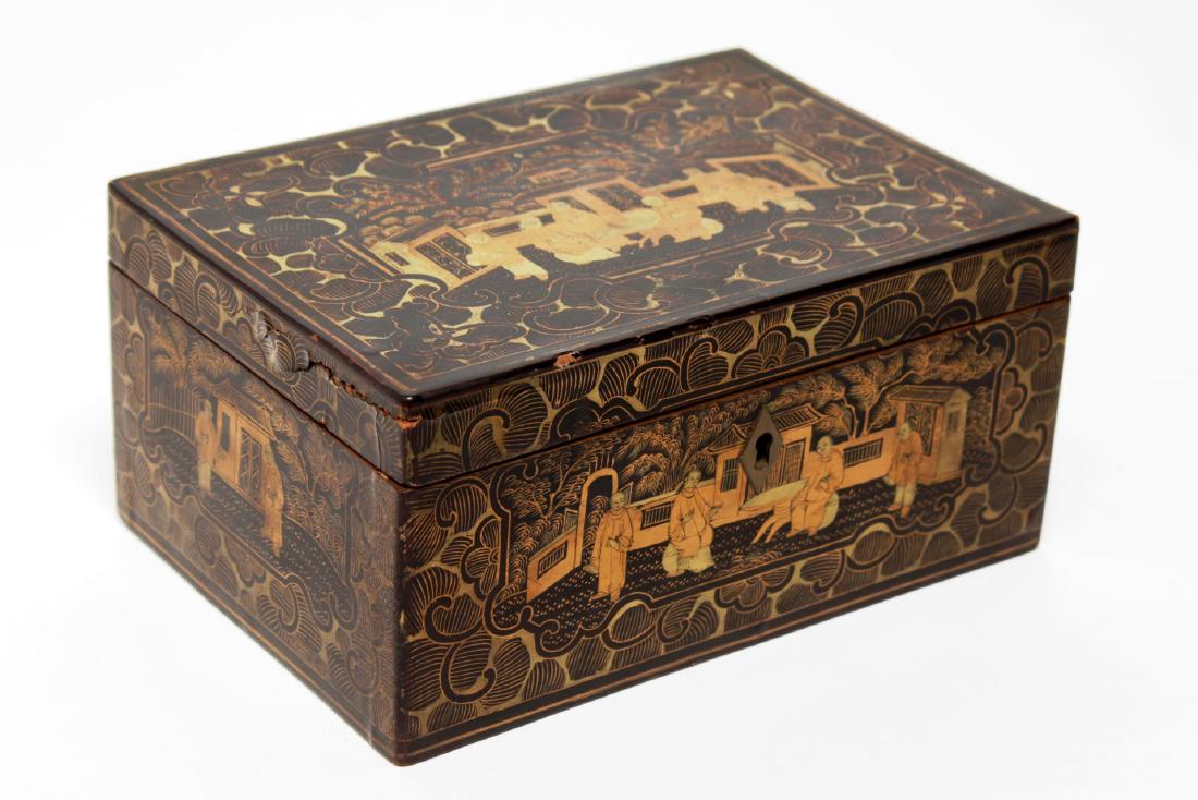 Chinese Lacquered Trinket Box, Black & Gold (1 of 5)