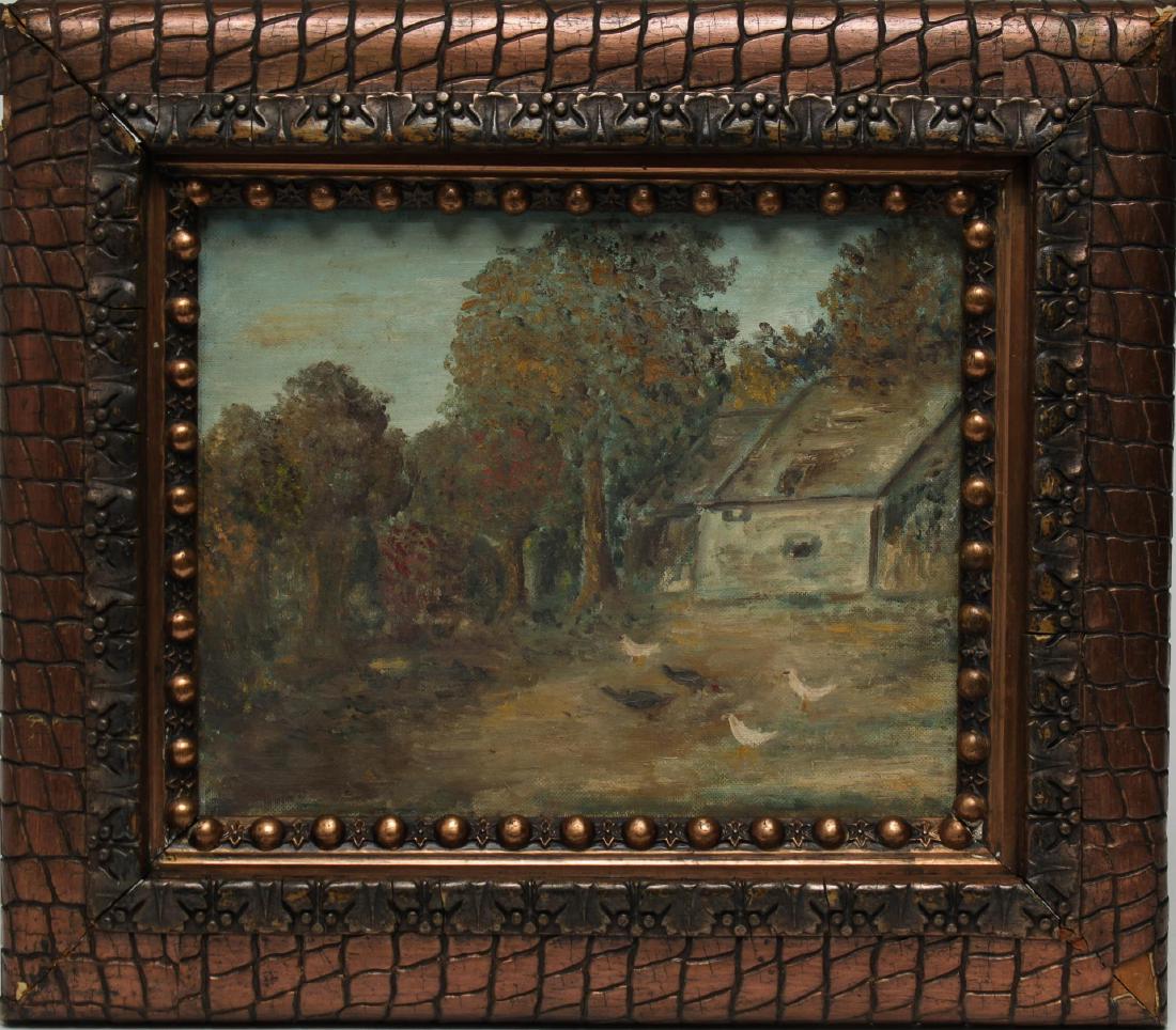 Folk Art Landscape w Chickens- Oil on Canvas Board (1 of 3)