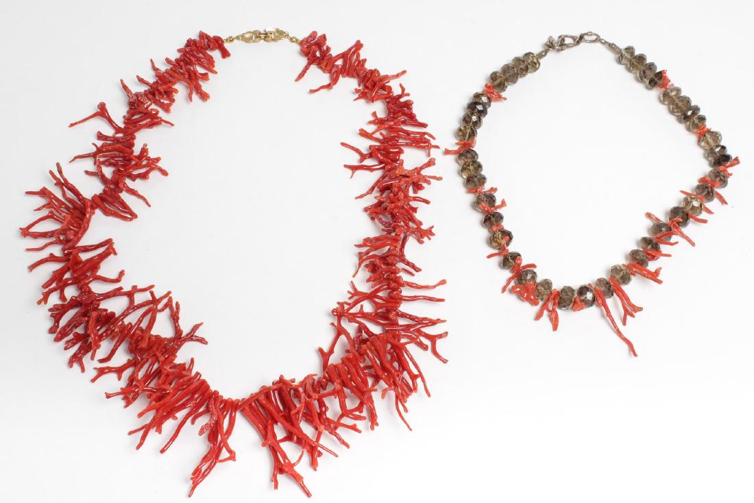 Spiny Coral & Rock Crystal Necklaces: Coral necklaces, comprising a vintage spiny coral rope with gold-tone metal clasp, and a choker of spiny coral and faceted rock crystal beads on a sterling silver closure stamped "925." Longest: 27" L