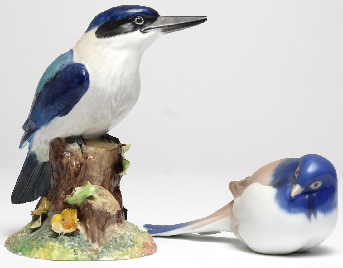 Vintage Porcelain Bird Figurines, Danish & English: Danish and English porcelain, the first a Bing & Grondahl "Titmouse-Pessimist" #1635, with 1948-1951 date mark, the second a Royal Crown Derby bone china "Australian Kingfisher," both fully marked. La
