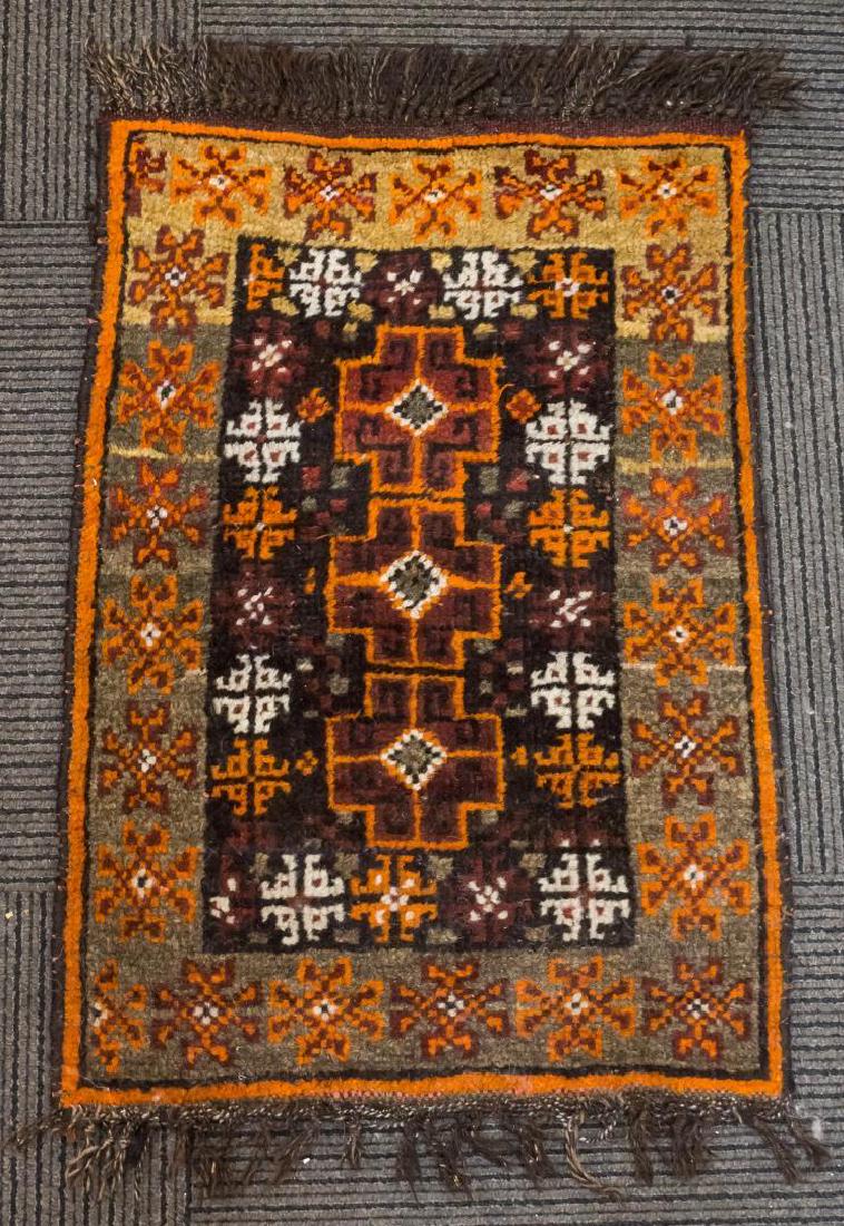 Persian Baluch Rug 1' 6" X 2' 3": Persian Baluch rug, in orange, brown, and burgundy colors.