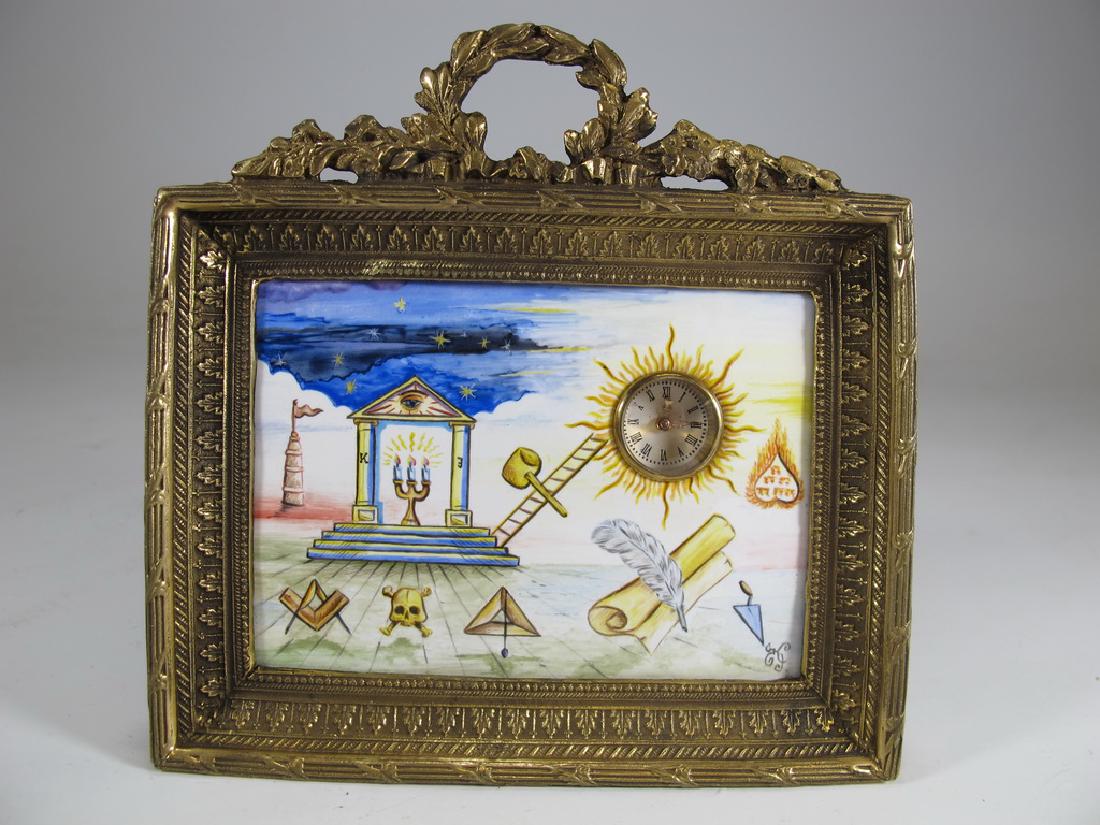 Antique Masonic bronze & enamel table clock (1 of 6)